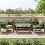 Salon de jardin en fer galvanis� - 1 canap� 2 fauteuils et 1 table basse en verre - d�cor� de corde - ...