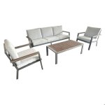Salon de jardin - frankystar - ikigai - canap� 3 places - 2 fauteuils - table basse en aluminium et contreplaq ...