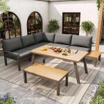 Salon de jardin modulable salon de jardin bas - 2 banquettes + 1 chaise + 1 table + 1 banc en bois - ...