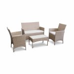 Salon de jardin en rsine tresse - molts - naturel. coussins beiges - 4 places - 1 canap. 2 fauteuils. ...
