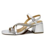 Sandale nu pieds - femme - gioseppo - cuir argent et strass - talon large 5 cm - boucle de serrage