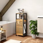 Meuble bas de salle de bain avec panier à linge noir et bois clair bambou véritable - sanless brs43g Meuble bas de salle de bain avec panier à linge noir et bois clair bambou véritable - sanless brs43g