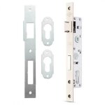 Serrure portail battant axe � 20mm entraxe 85mm chrom�e + g�che