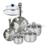 Set 2 po�les 20 28 cm en inox et 2 couvercles verre 3 faitouts inox 16 20 et 24 cm fackelmann eterna