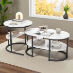 Set de 2 tables basses - style moderne - plateau marbre blanc - structure m�tallique noire - design �l�gant ...