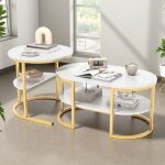Table basse - table gigogne ronde duo - imitation marbre blanc - structure m�tal dor� - empilable design ...