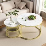 Tables basses gigognes - blanches et or - �70cm et �45cm - marbre blanc brillant - design moderne