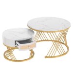 Set de 2 tables basses rondes 70�70�455 / 50�50�385 cm ? plateau mdf aspect marbre blanc et pieds m�talliques ...