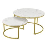 Set de 2 tables basses rondes gigognes effet marbre blanc dore