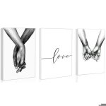 Set de 3 affiches noir et blanctenant par la main et citation amour murale encadr�es sur toile poster ...