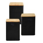 Set de 3 bo�tes carr�es de cuisine en m�tal noir et bambou caf� th� sucre