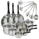 Set 3 poles 20 24 28 cm 3 casseroles 12 16 20 cm 3 faitouts 16 20 et 24 cm en inox et 6 ustensiles inox ...