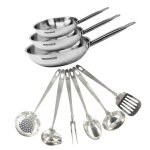 Set de 3 poles de 20 24 et 28 cm en inox et 6 ustensiles inox fackelmann eterna