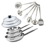 Set de 3 poles 20 24 et 28 cm en inox 3 couvercles verre et 6 ustensiles inox fackelmann eterna