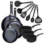 Set de 3 po�les 24 28 et 30 cm et 3 casseroles 16 18 et 20 cm antiadh�sives c�ramique et 6 ustensiles ...