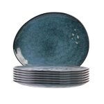 Set de 6 assiettes  dessert galet en cramique au grs du temps bleu (22x18cm) - galet