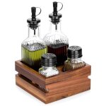 Set de bouteilles à huile et vinaigre avec salière et poivrière - support en bois - 5x5x19 cm - transparent ... Set de bouteilles à huile et vinaigre avec salière et poivrière - support en bois - 5x5x19 cm - transparent ...