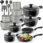 Set de cuisine - tectake - �l�ments en acier inoxydable et gr�s �maill� 6 personnes vaisselle et casseroles ...