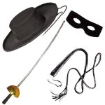 Set de justicier adulte 4 pièces - zorro - chapeau loup fouet - noir - feutre plastique simili Set de justicier adulte 4 pièces - zorro - chapeau loup fouet - noir - feutre plastique simili