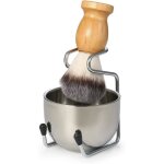 Set de rasage brosse barbe blaireaux avec poigne en bois + bol de rasage en acier inoxydable + support ...