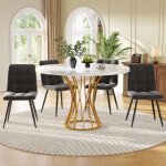 Set table 80cm - 5 pi�ces - plateau mod�le de marbre blanc pieds or + 4 chaises velours gris - style ...