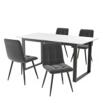 Set table salle � manger(5pcs) 140 - 180x80x75cm 4 chaises velours gris table mdf blanche pieds noirs ...