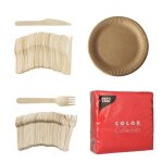 Set de vaisselle jetable - 50 assiettes en carton couverts en bois et serviettes 32x32cm