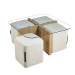 Shana - table basse en verre socle couleur bois avec 4 poufs en tissu blanc écru Shana - table basse en verre socle couleur bois avec 4 poufs en tissu blanc écru