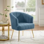 Fauteuil cabriolet - sicaan - noa - tissu velours - l. 64 x p. 63 x h. 76 cm - bleu gris - pieds dor�s ...