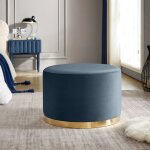 Pouf en tissu velours - sicaan - charlotte ii - forme arrondie - d. 60 x h. 40 cm - bleu c�ladon et m�tal ...
