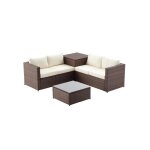 Silang marron / blanc : salon de jardin en résine tressée 4 personnes avec coffre intégré Silang marron / blanc : salon de jardin en résine tressée 4 personnes avec coffre intégré