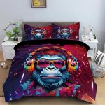 Singe de musique parure de lit 220x240 cm doodle de singe color housse de couette microfibre douce imprime ...