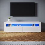 Sirhona meuble tv led 160�40�45 cm blanc moderne double porte sans tirette