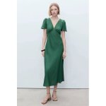 Sl robe femme  col en v et taille cintre couleur verte taille l manches bouffantes en lin coupe ajuste ...