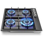 Plaque de cuisson gaz - 8060w - plaque gaz 4 feuxs encastrable - verre noir - gaz naturel / propane - ...