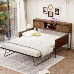 Sofa - lit en métal multifonction noir et brun 90x200 cm avec rangements et prises intégrées Sofa - lit en métal multifonction noir et brun 90x200 cm avec rangements et prises intégrées