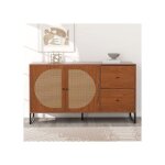 Sogeshome buffet - bahut - enfilade 140x40x75cm blanc & bois 2 portes rotin 2 tiroirs poignes mtal ...
