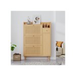 Sogeshome meuble a chaussures rotin 3 portes battantes + 1 tiroir pieds bois massif 90x17x125 cm
