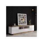 Sogeshome meuble tv - structure en blanc avec incrustations de motifs bois naturel - 180x38x46 cm rangement ...
