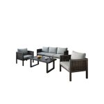 Sogeshome salon bas de jardin canapé 3 places 2 fauteuils table verre pe rotin acier zingué noir + gris ... Sogeshome salon bas de jardin canapé 3 places 2 fauteuils table verre pe rotin acier zingué noir + gris ...