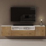 Sogood meuble tv bas 180cm armoire tv blanc mat + marron clair table de t�l�vision salon avec 3 portes ...
