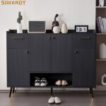 Sokerdy meuble chaussures - 4 portes 2 tiroir - 130x37x100cm - meuble d entre couloir - noir
