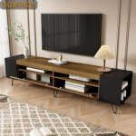 Sokerdy meuble tv avec 2 portes 6 compartiments ouverts noir et aspect bois 180x36x43cm