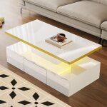 Somubi table basse blanche avec led 1 tiroirs laque brillante table dappoint de salon 100 x 50 x 385 ...
