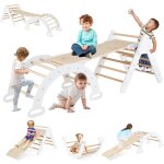 Station de jeux en bois - goplus - 7 en 1 triangle arche montessori descalade avec tobogganrampe �chelle ...