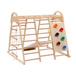 Station de jeux portique 7 en 1 bois massif balan�oire toboggan �chelle filet anneaux pierre descalade ...