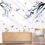 Stickers muraux branches de fleurs bleues autocollant mural art auto - adh�sif papier peint nature arbre ...