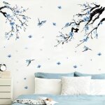 Stickers muraux branches de fleurs bleues autocollant mural art auto - adh�sif papier peint nature arbre ...