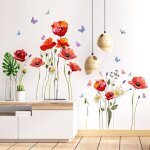 Sticker mural coquelicot fleur rouge stickers muraux plantes papillon stickers muraux chambre salon cuisine ...