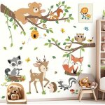 Stickers muraux enfant animaux for�t arbre branche autocollant mural ours cerf renard feuilles d�coratio ...